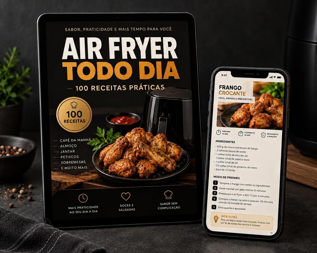Mockup do ebook Air Fryer Todo Dia em tablet e celular