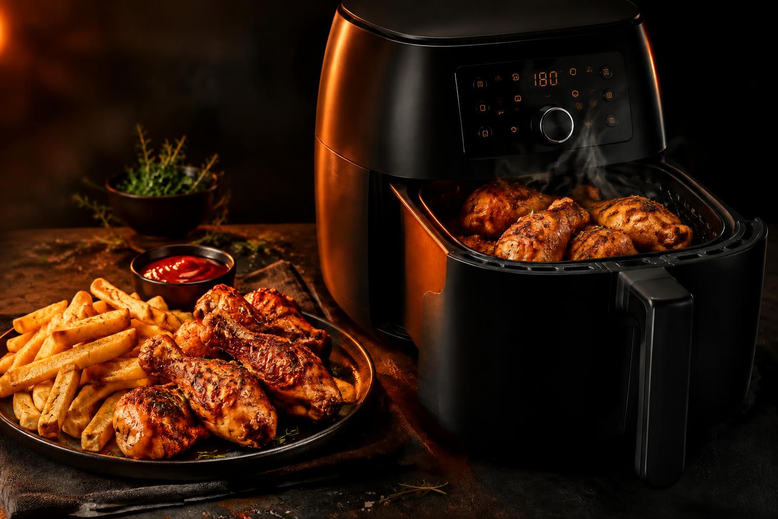 Frango dourado e batatas crocantes ao lado de uma Air Fryer